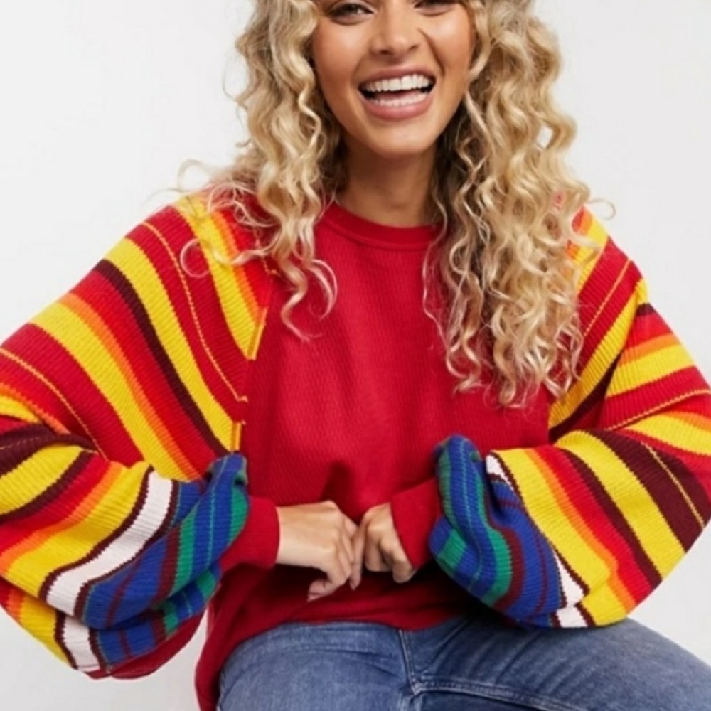 Free People Red Sweatshirt with Rainbow Striped Balloon Sleeves